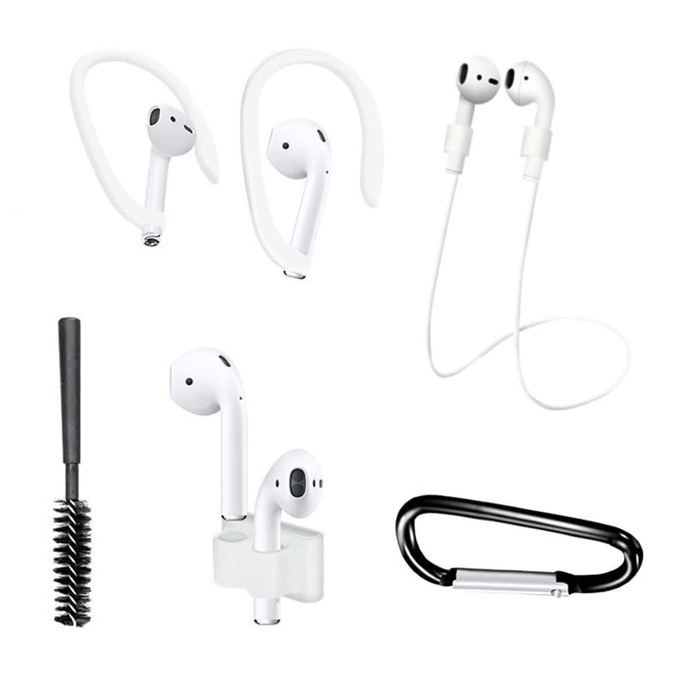 Tiardey 6pcs Wireless Earphone Anti-Lost Set,Including Earphone Anti-Lost Rope,Storage Sleeve,Ear Hook,Cleaning Brush,Carabiner Bag for AirPods - White