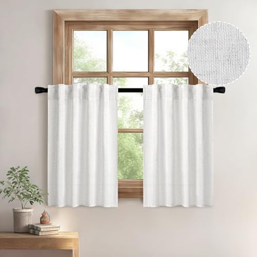 Photo 1 of MIULEE White Curtains 36 Inch Length 2 Panels, Soft Thick Linen Textured Semi Sheer Light Filtering Kitchen Window Curtains Over Sink Small Tier for Bathroom Window Back Tab Rod Pocket