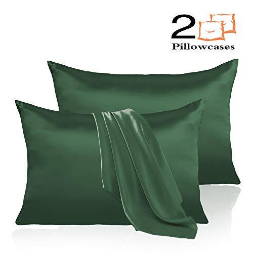 Leccod 2 Pack Silk Satin Pillowcase for Hair and Skin Cool Super Soft and Luxury Pillow Cases Covers with Envelope Closure (Deep Green, Standard: 20x26)