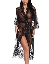 Lencería sexy de encaje largo para dama, con cinturón de satén