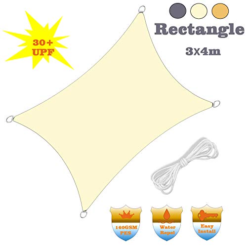 HENG FENG Sonnensegel Rechteckig 3x4m Wasserdicht PES Polyester Sonnenschutz Windschutz Wasserabweisend UV Schutz für Balkon Garten Terrasse Beige – Bild 3