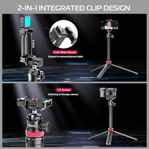 ULANZI MT-44 Mobile Phone Camera Tripod 147 cm 2-in-1 Selfie Stick Remote Control, 360° Ball Head, Cold Shoe Mobile Phone Holder, 1/4 Inch Thread Compact Travel Tripod Tripod for DSLR Cameras Canon Samsung iPhone