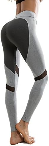 APTERA Women's High Waist Leggings Color Contrast Tights Full Length With Mesh Panels For Yoga Jogging Workout - Gray, L