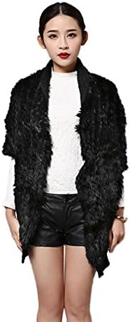 Fur Story Women's Knitted Long Fur Vest With Real Rabbit Fur Thick Warm Vest Single Breasted Short Sleeve V Neck (Black)
