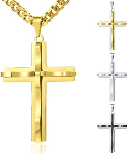 Davieslee Mens Chain Curved Cross Pendant Necklace Stainless Steel Curb Cuban Link Black Gold Silver Tone 18-36inch