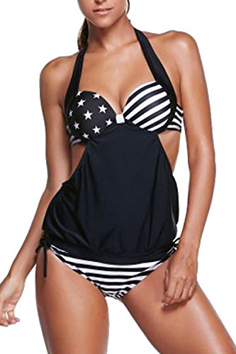 Alvaq Womens Sexy Halter Stripes Push up Tankini Top Sets Swimwear Swimsuits