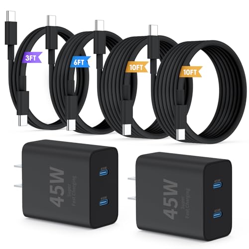 QZIIW Super Fast Samsung Charger Type C,45W Dual Port USB C Fast Charger Block [2-Pack] & Extra Long 60W 3/6/10/10FT USB C Cable - PD Quick Charging 3.0 For Samsung Galaxy S25 Ultra/S24+/S23 iPhone 16