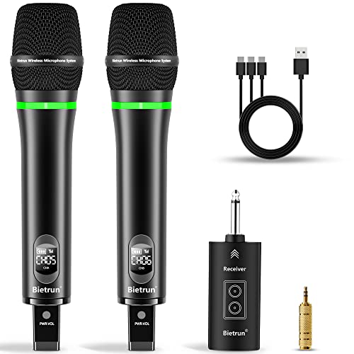 Bietrun Kabelloses Mikrofon, wiederaufladbar, UHF-Metall, doppeltes schnurloses, dynamisches unidirektionales Mikrofon mit Bluetooth für Karaoke-Maschine, PA-Sy