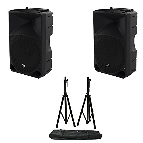 Pair of Mackie THUMP 15 Speakers with Speaker Stands and Travel Bag