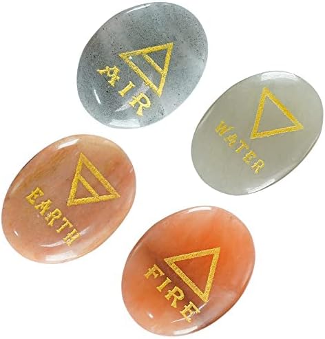 Indoor Fountains & Accessories - Crocon 4 Elements Assorted Stones Engraved Triangle Symbols (Earth Air Fire Water) Polished Palm Stones for Gemstone Reiki Crystals Healing
