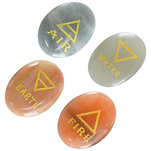 Crocon 4 elements assorted Stones Engraved Triangle Symbols (Earth Air Fire Water) Polished Palm Stones for gemstone Reiki Crystals Healing