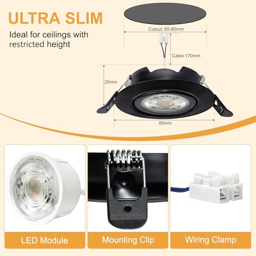 Aulaiyi 3CCT LED Downlight Recessed Ceiling 230V Dimmable 68mm 5.5W IP44 Portholes Extra Flat LED Spotlights Interior Ceiling 45° Rotatable Recessed Spotlight for Bathrooms, Black 10 Pack