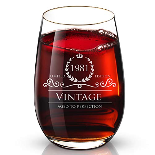 1981 38th Birthday Gifts for Women and Men 24K Gold Wine Glass - Funny Vintage Anniversary Gift Ideas for Mom, Dad, Husband or Wife - 13 oz Glasses for Red or White Wine - Party Decorations