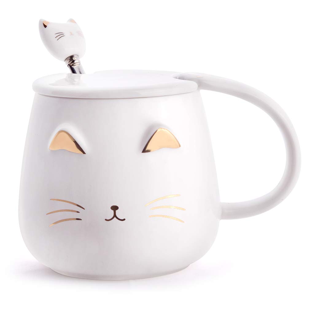 Angelice Home White Cat Mug, Cute Kitty Ceramic Coffee Mug with Stainless Steel Spoon, Novelty Coffee Mug Cup for Cat Lovers Women Girls