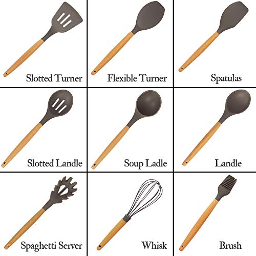 K Kwokker 9 Pieces Silicone Kitchen Cooking Utensils Set,Wooden Handle Cooking Kitchen Accessories Tool Set,Heat-resistant Soup Ladle Spoon Slotted Shovel Turner Spatula Egg Whisk Kitchen Tool