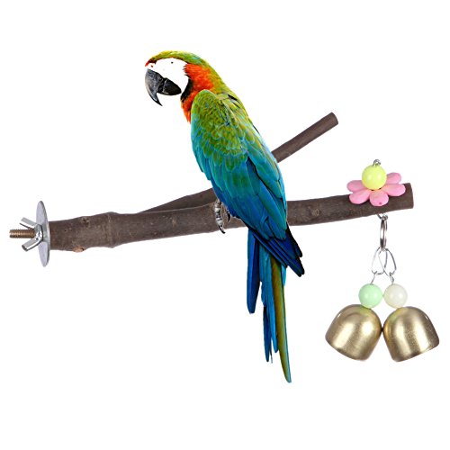 Bird Perch,Nature Wood Stand Branch For Parrots Cages Toy (Bird perch with two bells)