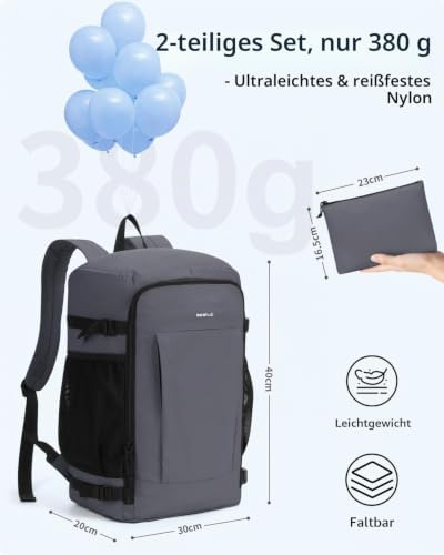 für Ryanair Handgepäck Rucksack 40x30x20, Leicht & Reißfest Kabinenrucksack für Herren auf Flugreisen, 2-in-1 Faltbar Flugrucksack mit Mini Tasche, 24L PET-Recycelt Travel Backpack(Grau)