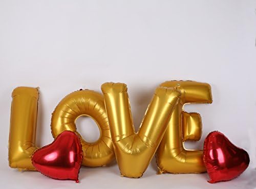 40" L-O-V-E Metallic Gold + 2 x 36" Metallic Red Hearts Balloon Set, Valentine's Day Balloons