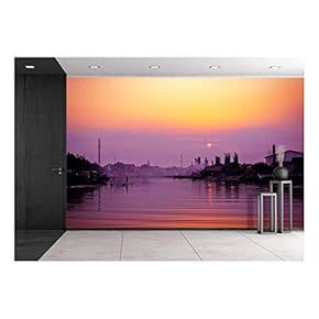 Countryside Houses with a River in The Sunset - Removable Wall Mural | Self-Adhesive Large Wallpaper - 66x96 inches