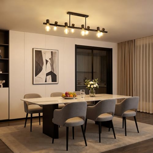 VivaLet Dining Table Pendant Ceiling Lamp with 8 Bulbs, E27 Base, Black, Swivel Head, Height Adjustable Industrial Pendant Lamp for Dining Room, Kitchen, Bar, Restaurant