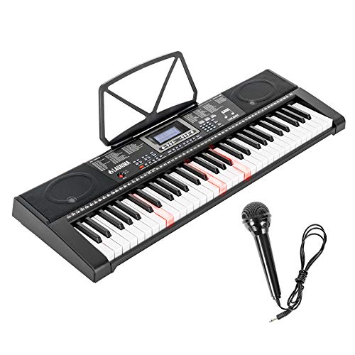 LAGRIMA 61-Key Electronic Keyboard Piano w/Light-Up Keys for Beginner(Kid/Adult), Lighted Portable Keyboard w/Music Player Function, Micphone, Power Supply, Music Stand, Black