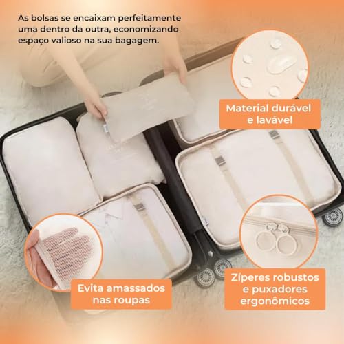 Kit Organizador de Malas para Viagem 7 Peças Conjunto Organizador Completo Bolsas Necessaire Sapatos Maquiagem Roupas Bagagem Organizada (Bege)