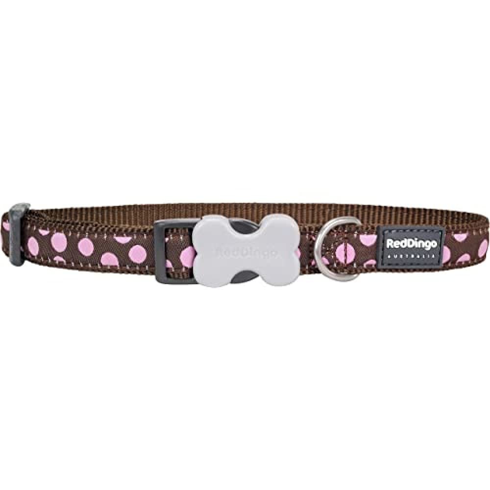 Red Dingo Bucklebone Dog Collar Design, Pink Spots on Brown, Small 15mm