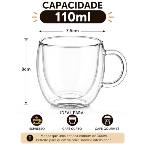 Conjunto com 6 Xícaras de 110ml em Vidro Borossilicato de Parede Dupla com Alça para Café Espresso Chá Cappuccino e Bebidas Quentes (KIT COM 6 PEÇAS)