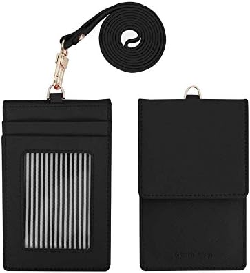Genuine Leather Credit Card Holder Wallet with Mirror ID Badge Case with Neck Strap