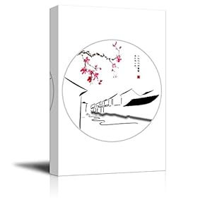 Canvas Wall Art - Traditional Chinese Style Black and White Painting with Cherry Blossom and House in Spring - Giclee Print Gallery Wrap Modern Home Art Ready to Hang - 12x18 inches