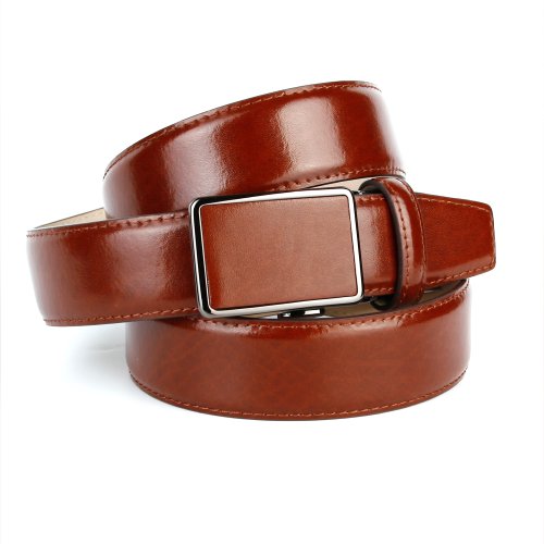 Anthoni Crown designer men`s leather belt brown cognac color classic design with black metallic automatic buckle 1,4" width 38"-46" lengths/37114 (42)
