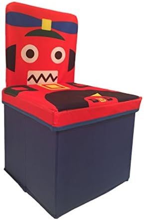 Kids Chair, Toys Storage Organizer Foldable Box With Lid, Stool, Robot Design By Oasiz Toys – Durable 30x30x50 Construction (Red Robot Design)
