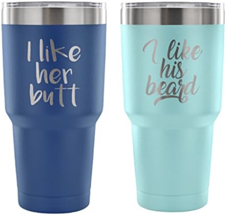 I Like His Beard I Like Her Butt Travel Mug - Newly Wed Gift - Powder Coated - Beard Butt Cups - Wedding Gifts For Couple - Gifts For Him - Funny Coffee Set - Unique - Custom Coffee Mug