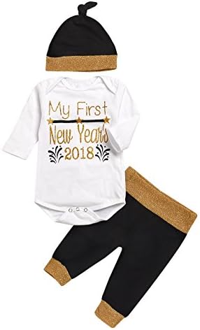 Tomfree Newborn Baby Unisex Boys Girls Golden First Newyear 2018 Bodysuits Cotton Pants Hat 3pcs Outfit (White, 0-6M)