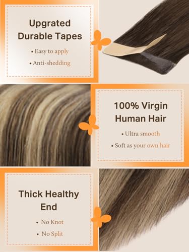 DOORES Hair Adhesives Extensions, Balayage Chocolate Brown to Honey Blonde 50cm 20 Inch 50g 20pcs, Remy Tape in Hair Extensions Natural Remy Straight Extensions