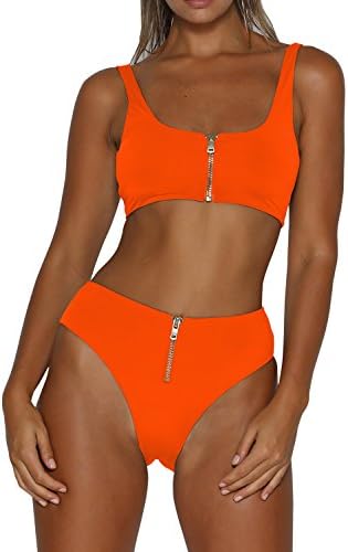 Viottis Women's Zip up Low Back High Cut Thong Bikini Set Swimsuit