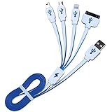 iPowerTech 4 in 1 Multiple USB Charging Cable Adapter with 8 Pin Lightning, 30 Pin, Micro USB 2.0, Mini USB Ports for iOS and Android Phones, 100cm, White / Blue