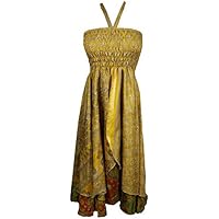 Mogul Interior Women Halter Dress Printed Two Layer Summer Chic Beachwear Bohemian Dresses