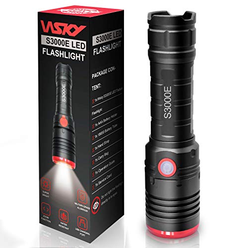 Wsky Rechargeable LED Tactical Flashlight, S3000E High Lumens USB Flashlight with 5 Modes, Zoomable, Water Resistant, Perfect for Biking, Camping, Hiking, Emergency, Battery Not Included