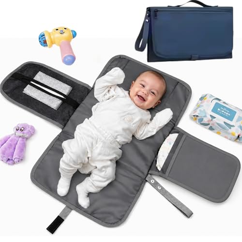 Trocador de Fraldas Portátil Premium Trocador Portátil para Meninas e Meninos Recém-nascidos de Bebê com bolso – Porta Fraldas Kit de Troca de Viagem à Prova d'água Textil (Azul)