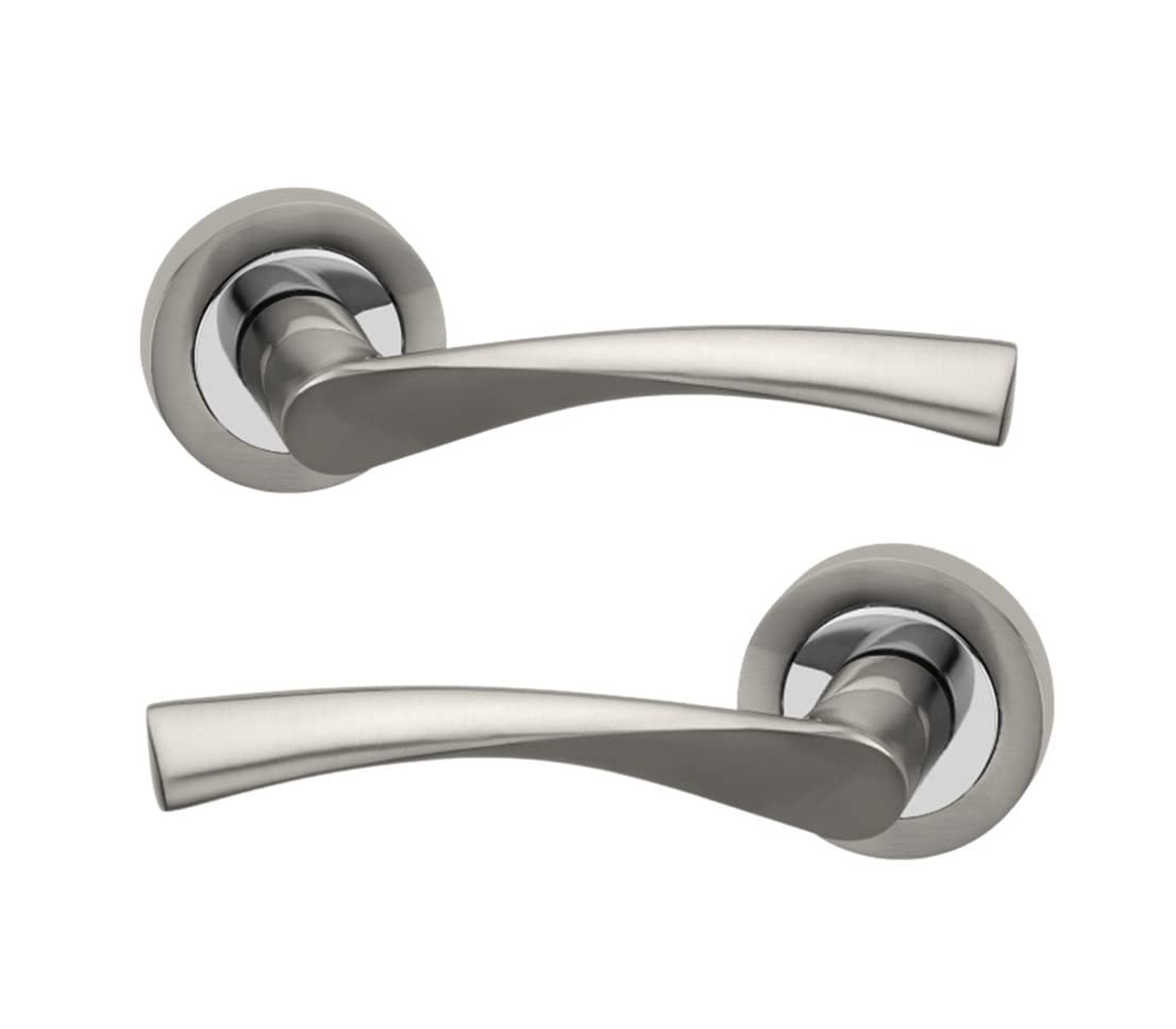 Shaped Lever Door Handles on Round Rose in Dual Finish - Pair of Internal Door Handles - Satin/Chrome