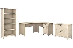 BUSH HOME Bush Furniture Salinas L Shaped Desk with File Cabinet and 5-Shelf Bookcase | 3 Piece Living Room Furniture Set in Antique White | Storage Cabinet, Bookshelf & Office Desk
