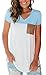 Summer V Neck T Shirt for Women Color Block Tee Top with Pocket Light Blue S