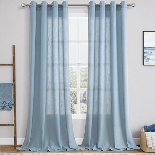 Photo 1 of Blue Semi Sheer Curtains 96 inches Long for Patio Door 2 Panels Set Grommet Textured Linen Light Reducing Drapes Dusty Blue Breathability High Window Curtains for Living Room 96 Inch Length 52x96