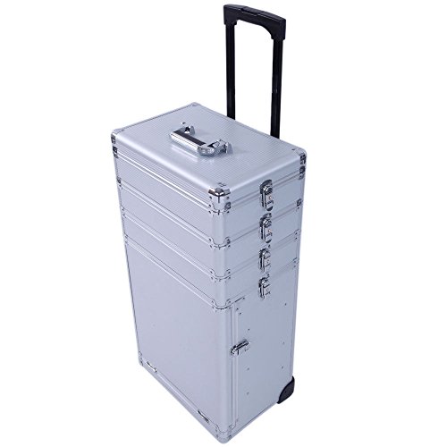Aluminum 4 in 1 Rolling Makeup Trolley Train Case Box Organizer Salon Cosmetic - silver + FREE E-Book