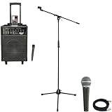 Pyle Speaker, Mic, Cable and Stand Package - PWMA940BTI 600 Watts VHF Wireless Portable PA System / Echo w/Microphone,i-Pod Dock & Bluetooth - PDMIC58 Professional Moving Coil Dynamic Handheld Microphone - PMKS2 Tripod Microphone Stand w/Boom - PPMCL30 30ft. Symmetric Microphone Cable XLR Female to XLR Male