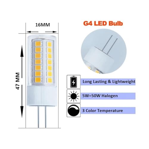 10 Pack G4 LED Bulb 3 Color Changing to Warm White | Natural White | Daylight, 5W Equivalent to 50W Halogen Bulb, Uses For Chandelier, Under Cabinet, Lamp, Track & Accent, Microwave, Step Path