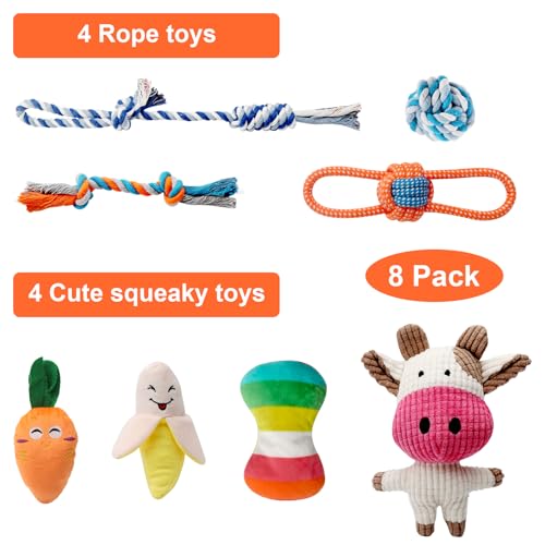 ZMDMAH Set of 8 Dog Toys Puppy Toys with Plush Rope Ball and Whistle Chew Toy and Interactive Games for Small Dog and Puppy