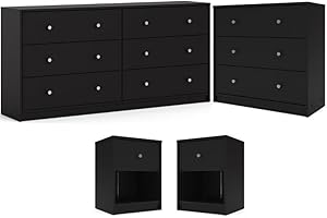 Pemberly Row Engineered Wood 4pc Set of Chest Dresser and 2 Nightstands in Black