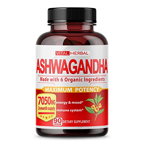 VITAL HERBAL Organic Ashwagandha Capsules Equivalent to 7050mg Maximum Potency with LTheanine